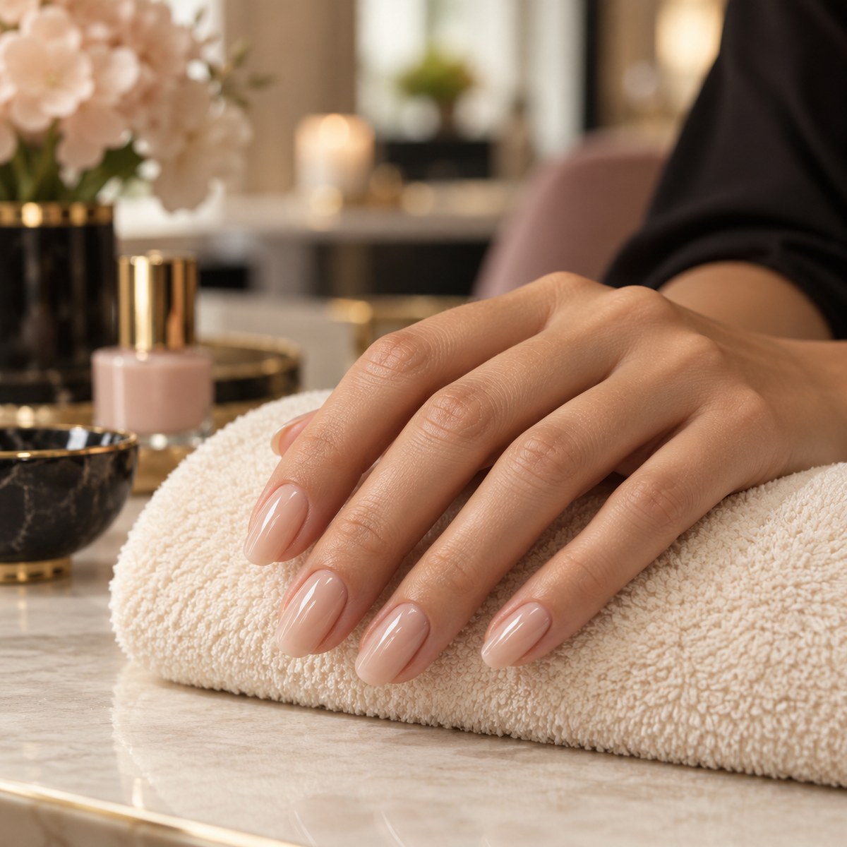 Mão com esmaltação nude sobre toalha creme