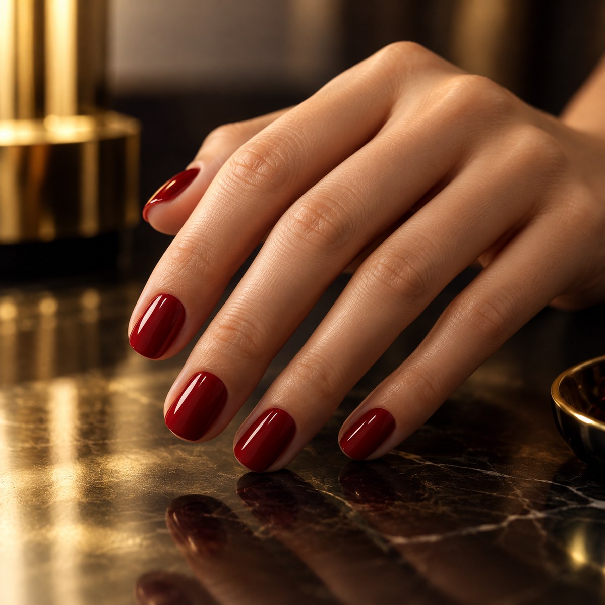 Mão com esmaltação vermelha clássica em ambiente dourado