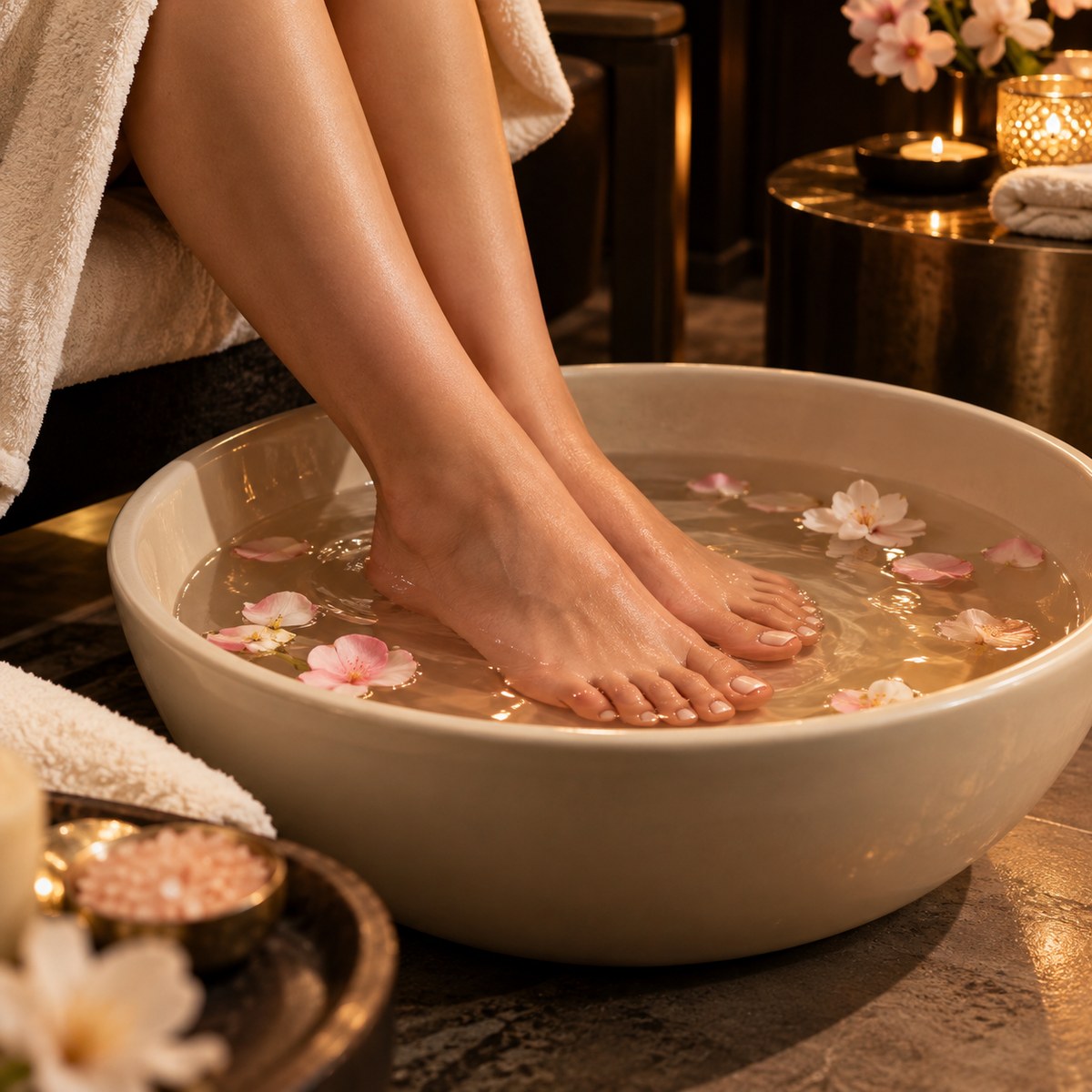 Pés em um escalda-pés relaxante com flores e toalhas
